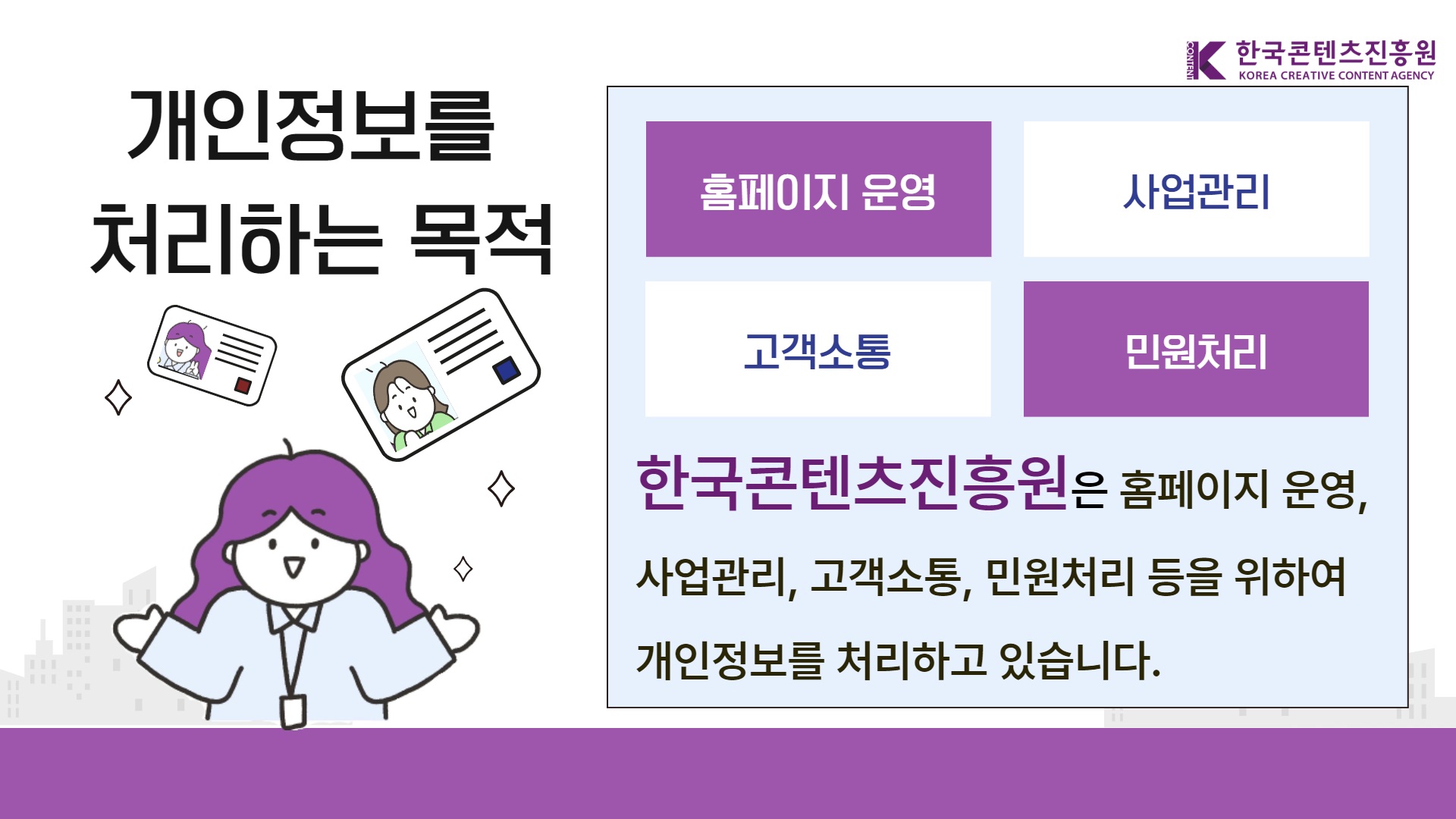 한국콘텐츠진흥원 KOREA CREATIVE CONTENT AGENCY | 개인정보를 처리하는 목적. 홈페이지 운영, 사업관리, 고객소통, 민원처리. 한국콘텐츠진흥원은 홈페이지 운영, 사업관리, 고객소통, 민원처리 등을 위하여 개인정보를 처리하고 있습니다.